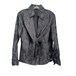 NaraCamicie Formal Top Gray Silver Embroidered Jewel Belted V Neck Size III M